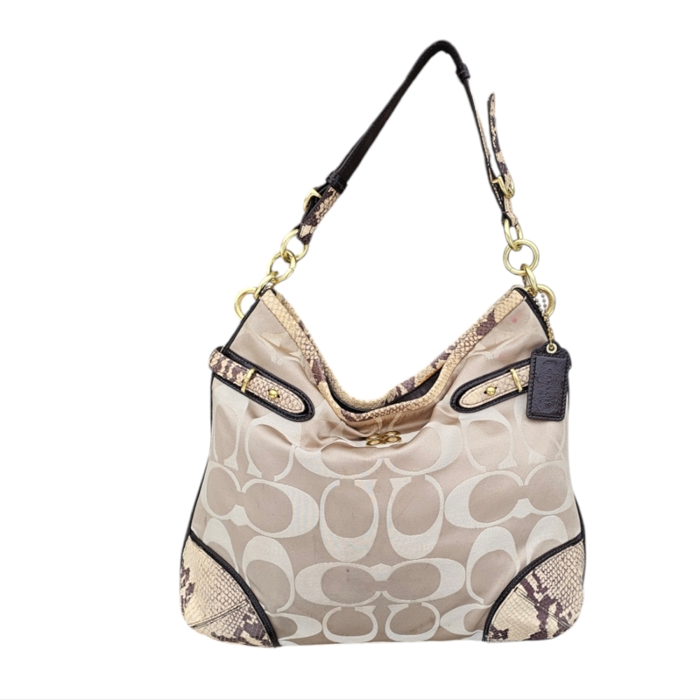 Coach Colette Signature Beige Sateen Python Leather Hobo Bag 16408.  MSRP $278